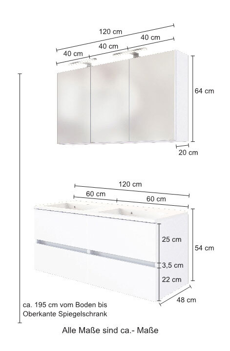 Badmöbelset Baabe 120 x 200 cm weiß matt mit 2 LED-Beleuchtungen