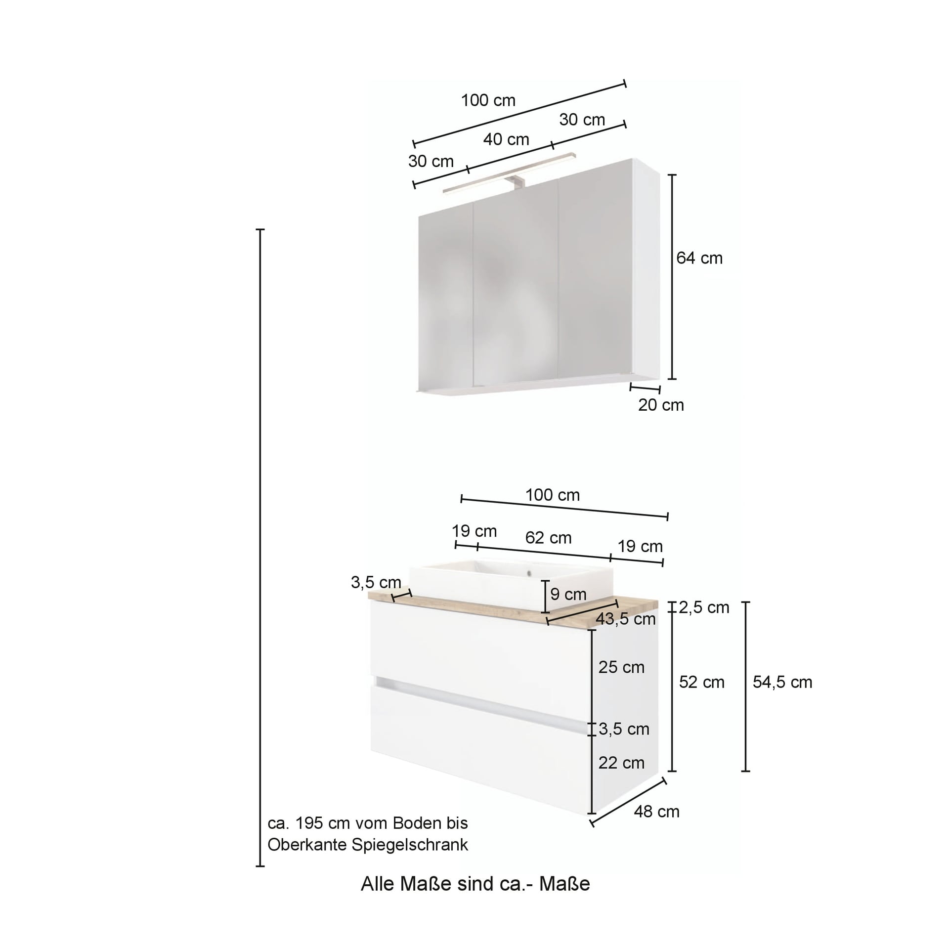 Waschtischkombi Bregenz weiß B/H/T 100x200x47 cm 