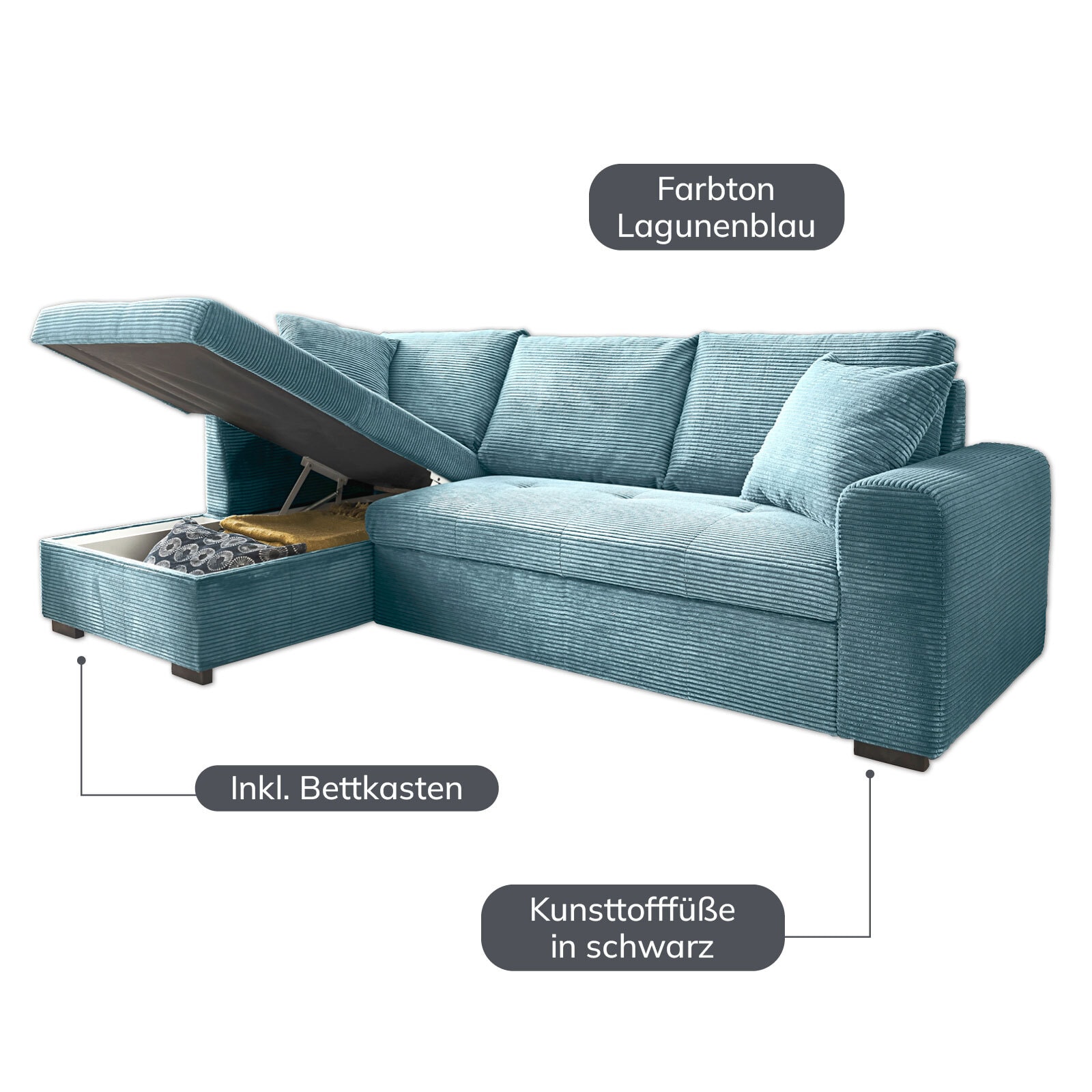 Ecksofa Lukas 239x90x158 cm Cord Bezug lagoon