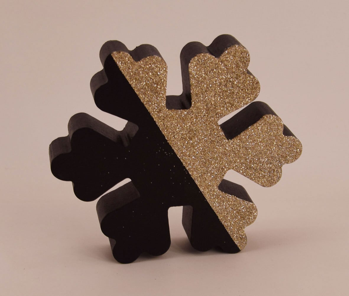 Weihnachten Deko Objekt Schneeflocke schwarz goldfarbig 13x2cm 13cm Holznachbildung