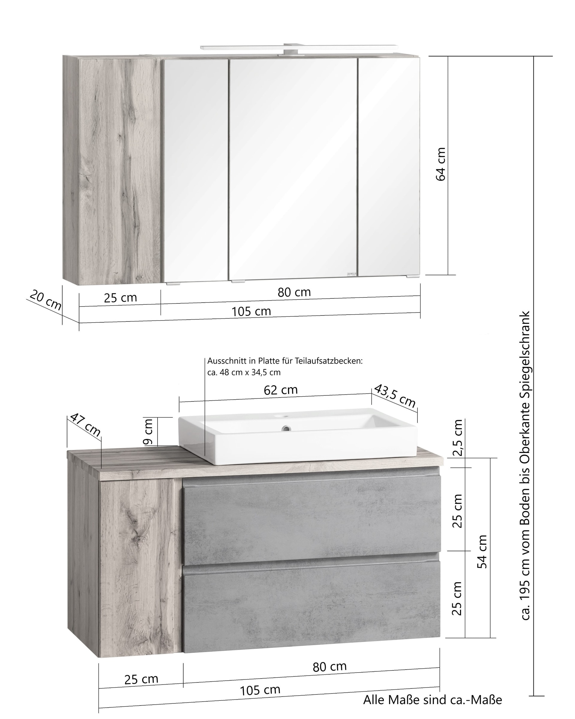 Waschtischkombination Gent grau B/H/T 105x200x47 cm