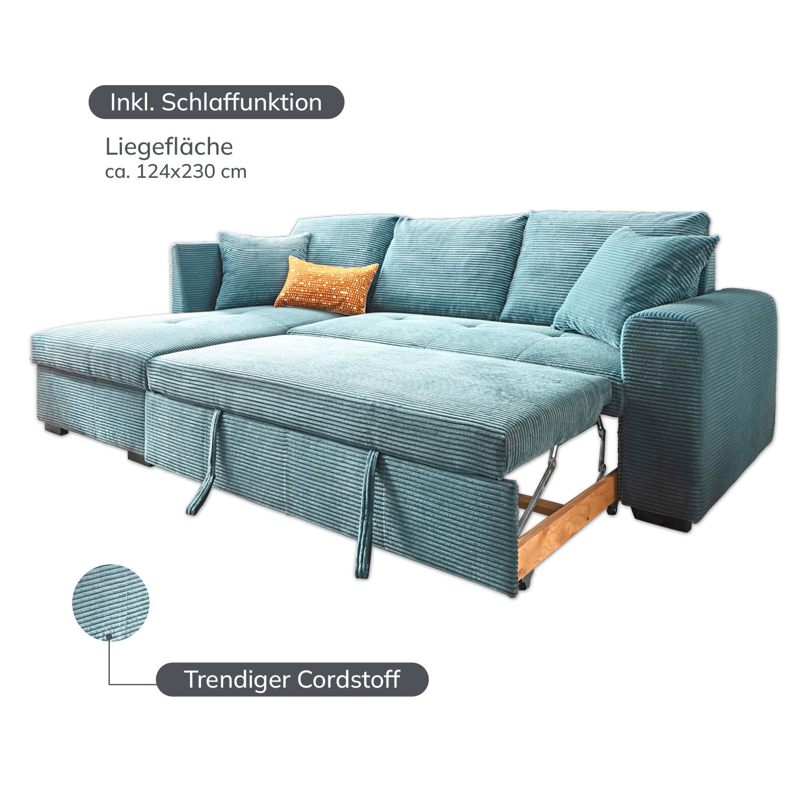 Ecksofa Lukas 239x90x158 cm Cord Bezug lagoon