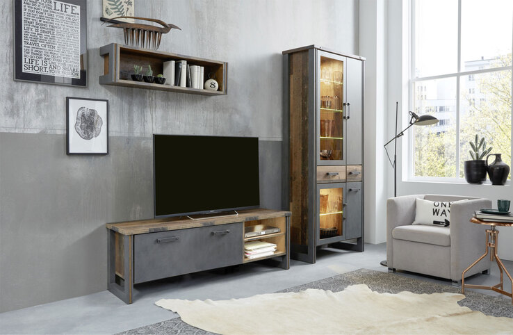 Vitrine Prime Grau/Braun Matera Old-Wood-Optik 89 x 212 x 42 cm