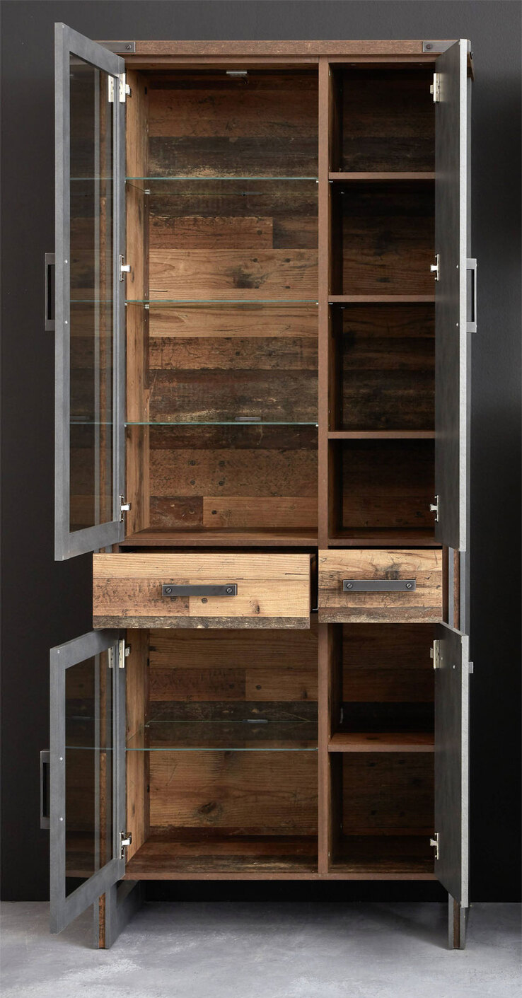 Vitrine Prime Grau/Braun Matera Old-Wood-Optik 89 x 212 x 42 cm