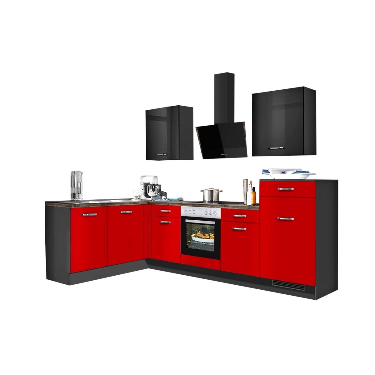 cm Möbel UV-Lack 175x285 Boss Winkelküche | rot Hochglanz/Grafit
