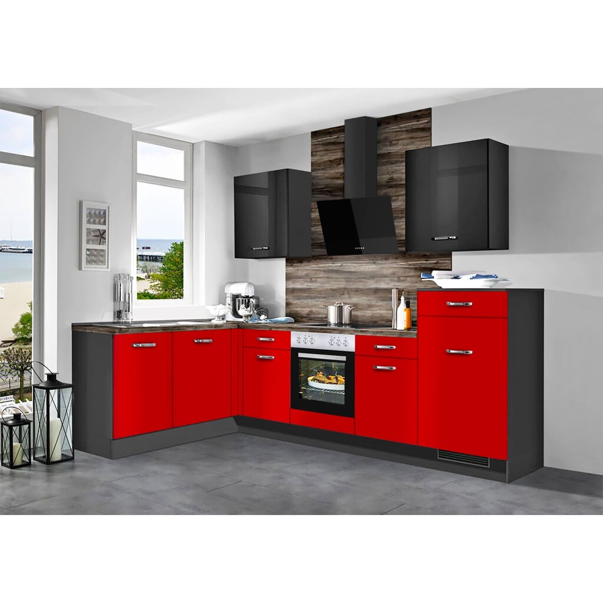 Winkelküche UV-Lack rot Hochglanz/Grafit 175x285 Möbel | cm Boss